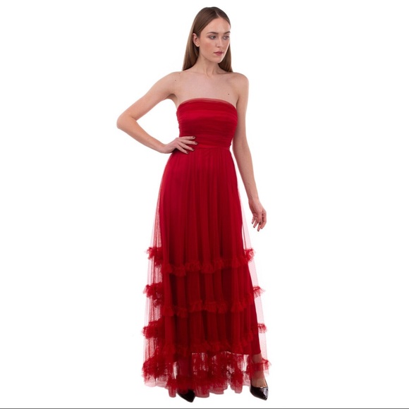 Authentic Pinko Red Tulle Tiered Full Length Dress Gown - Picture 3 of 7